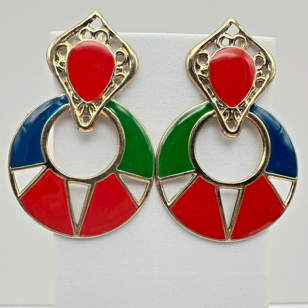 Vintage 80s Colorful Enamel Door Knocker Earrings Gold Tone Women's Jewelry Boho